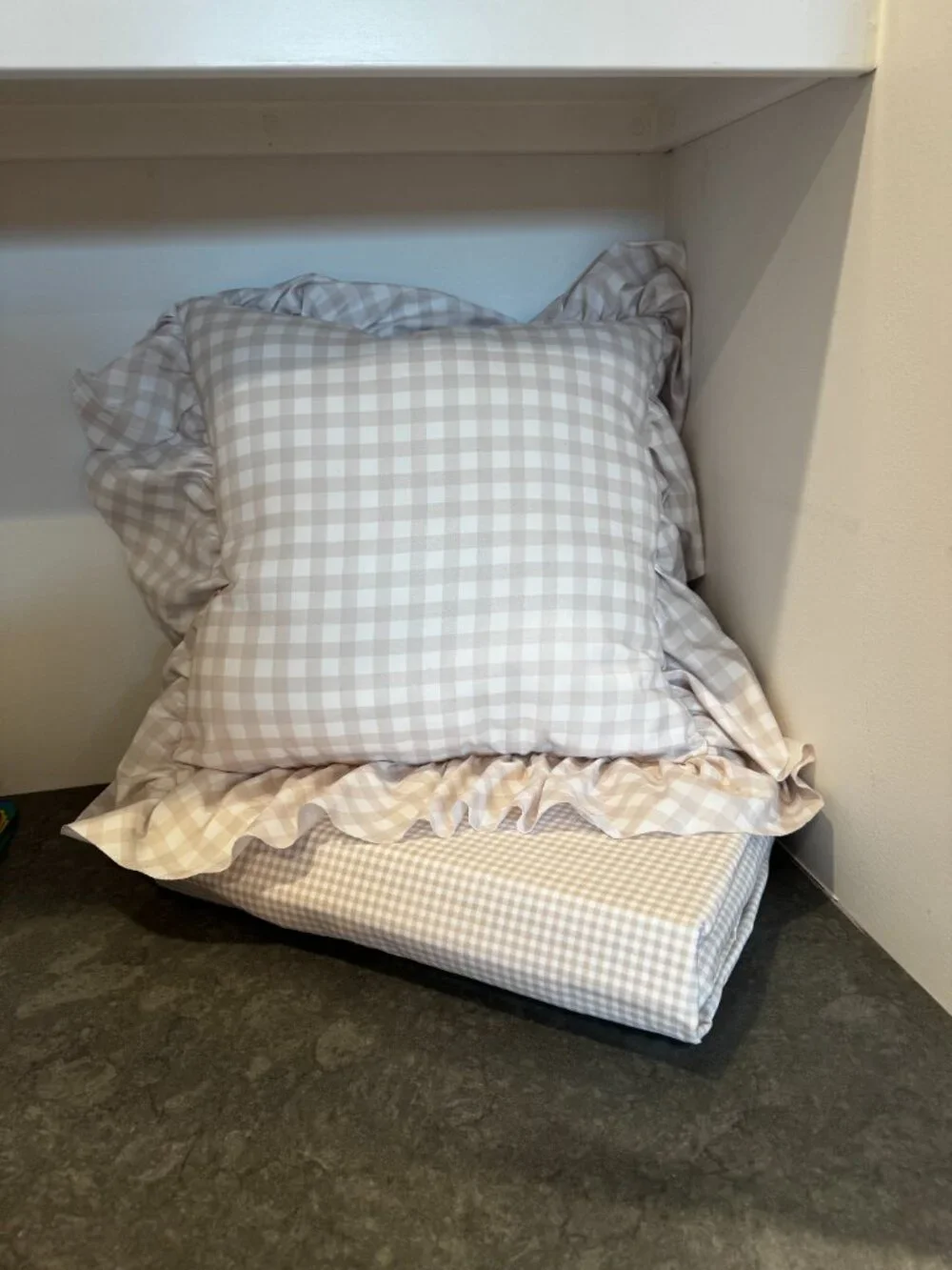NWT Rachel Zoe Beige Gingham Ruffle Accent Pillow/Queen Sheet ONLY- Cottagecore